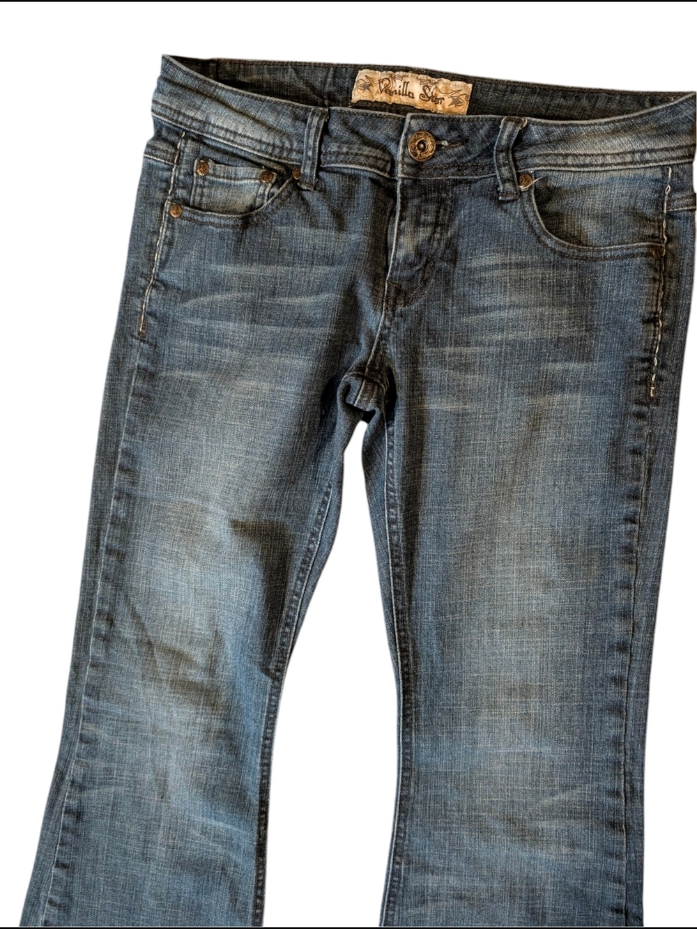 Vanilla Star Women's Mid-Rise Blue Denim Jeans Flare Bottoms